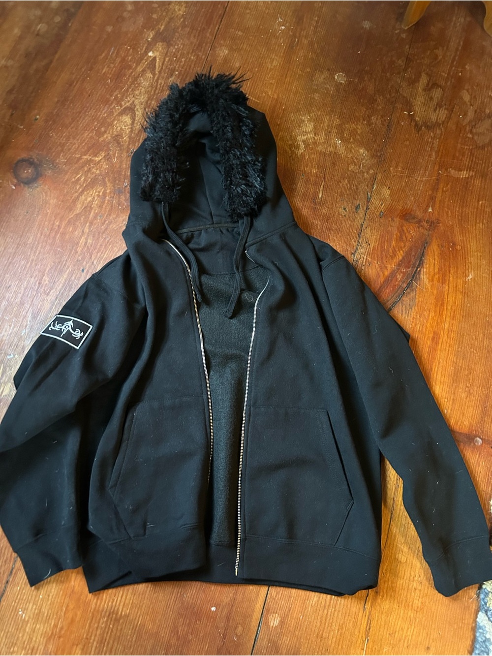 Black Faux Fur Hood Zip-Up Hoodie